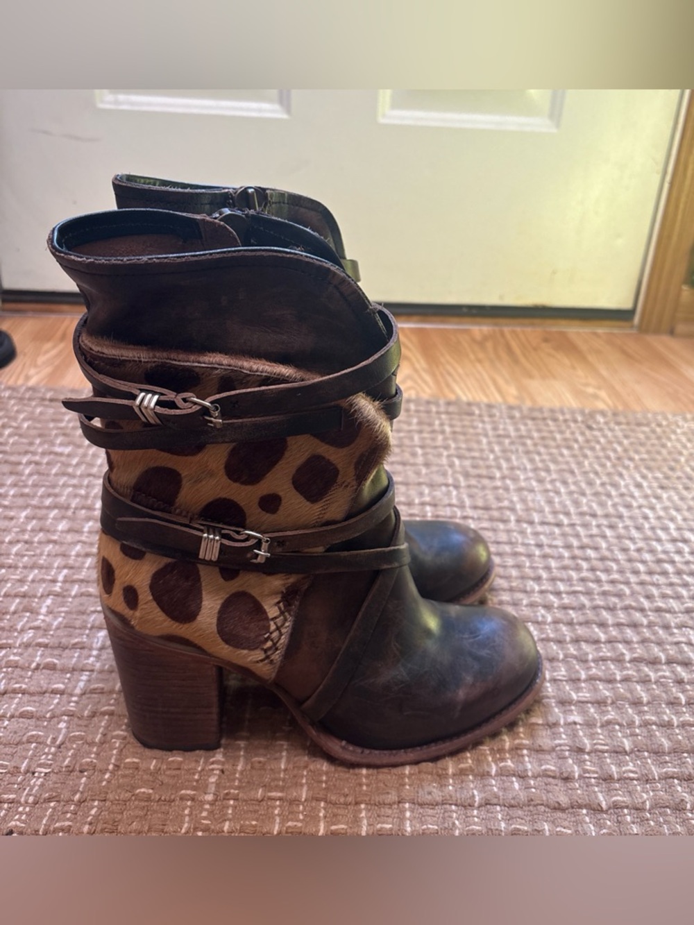 freebird Brown Leather Heeled Ankle Boots with Leopard Print Panels